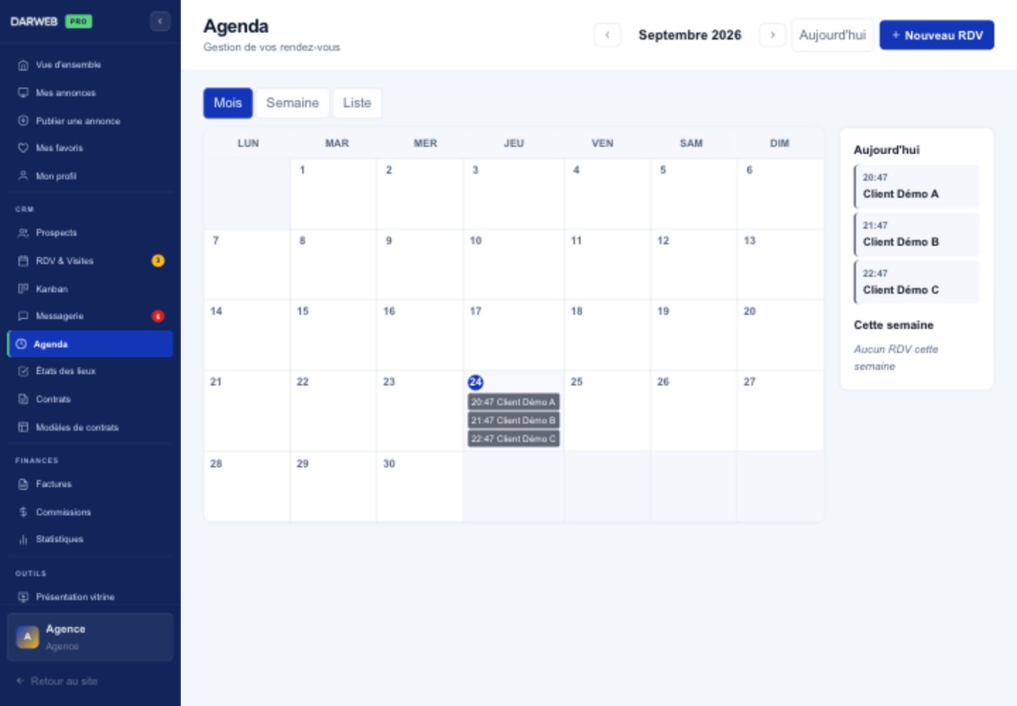 Agenda, données fictives.