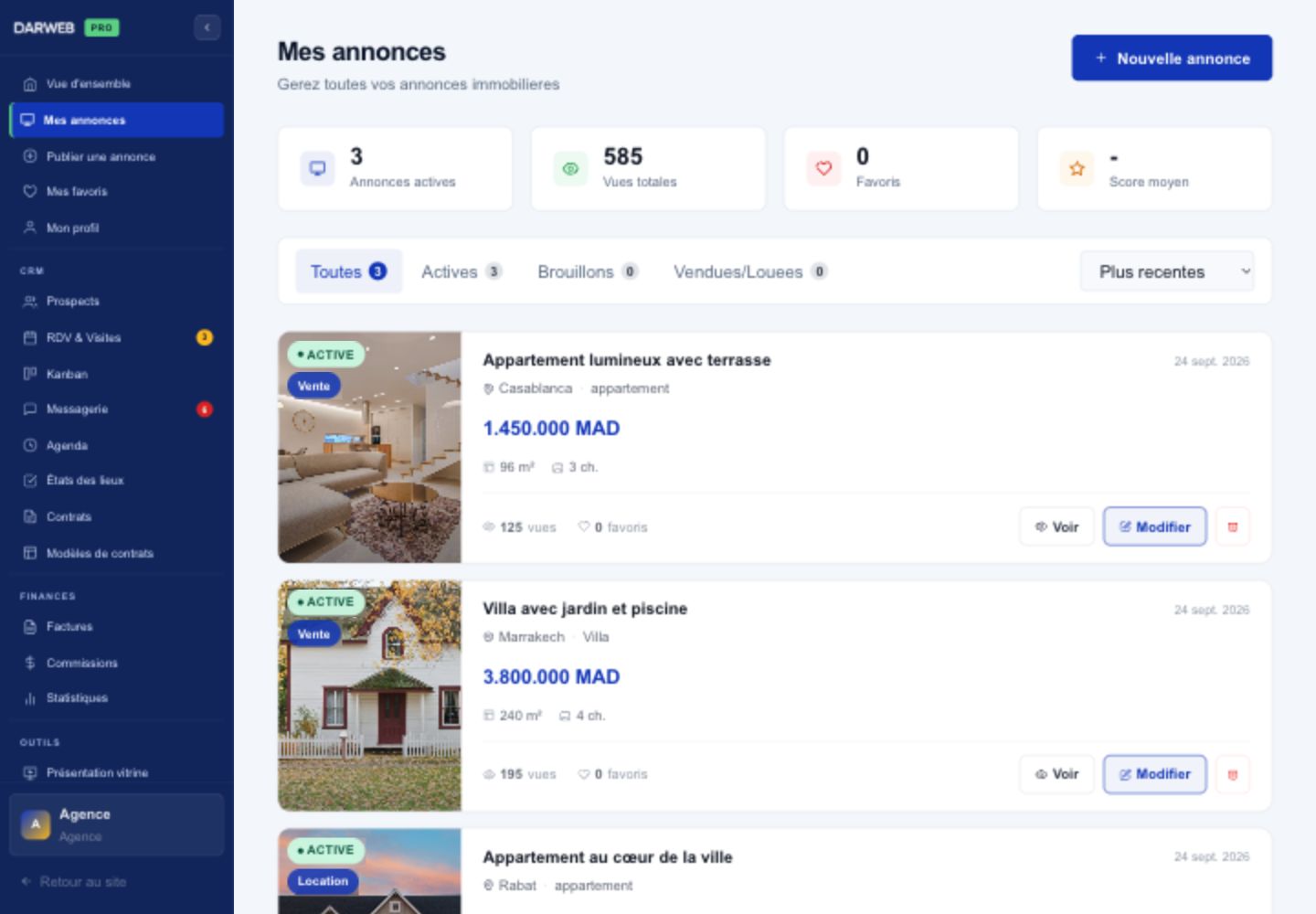 Gestion des annonces, données fictives.