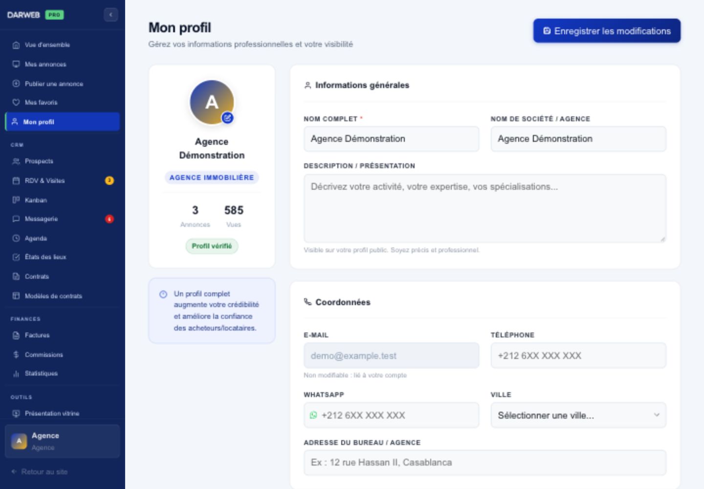 Profil professionnel, données fictives.