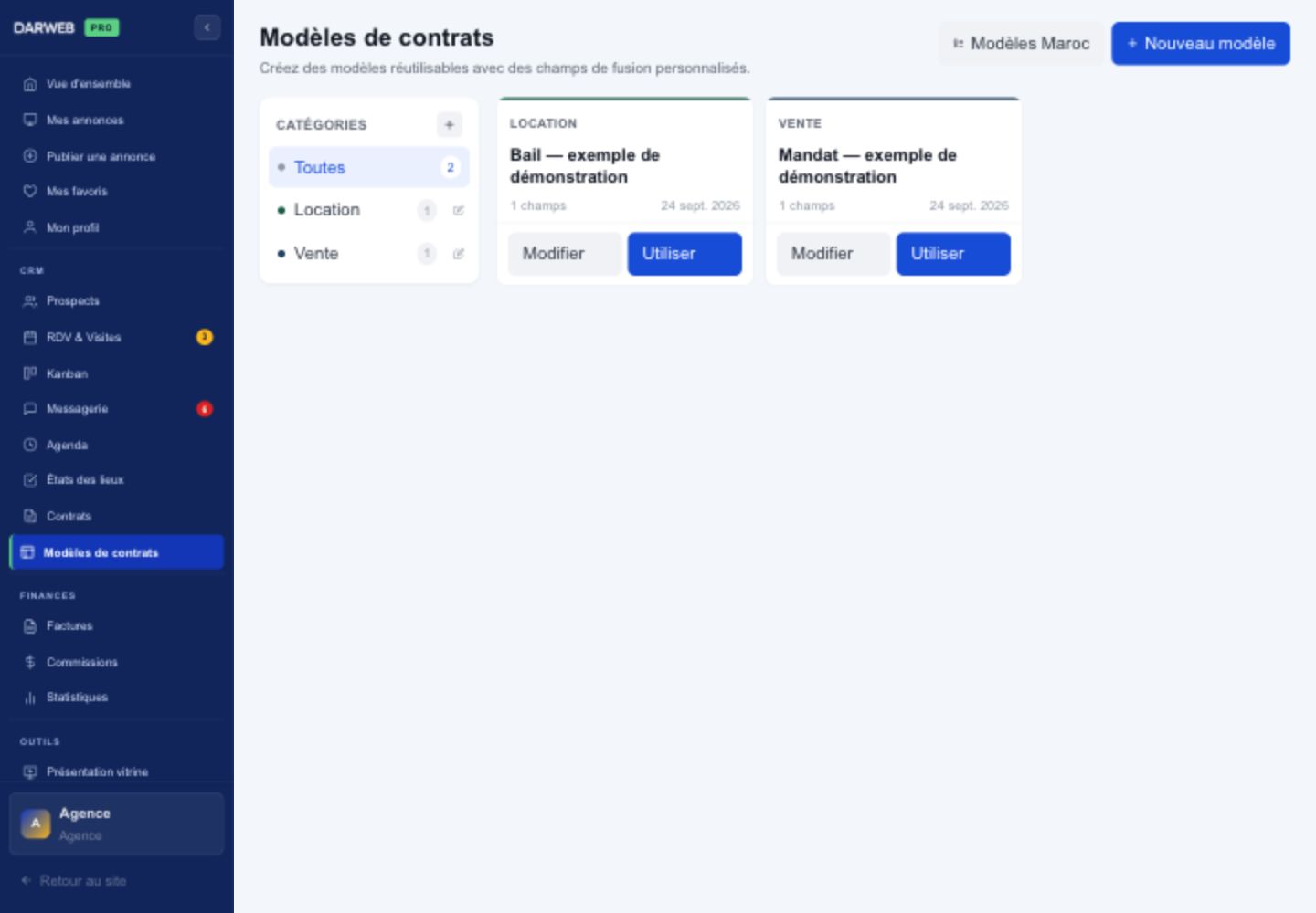 Modèles de contrats, données fictives.